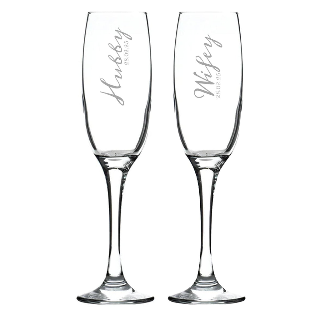 Hubby Wifey Design, Personalised Date Champagne Flutes Pair, Wedding Couple Champagne Flutes - YouPersonalise