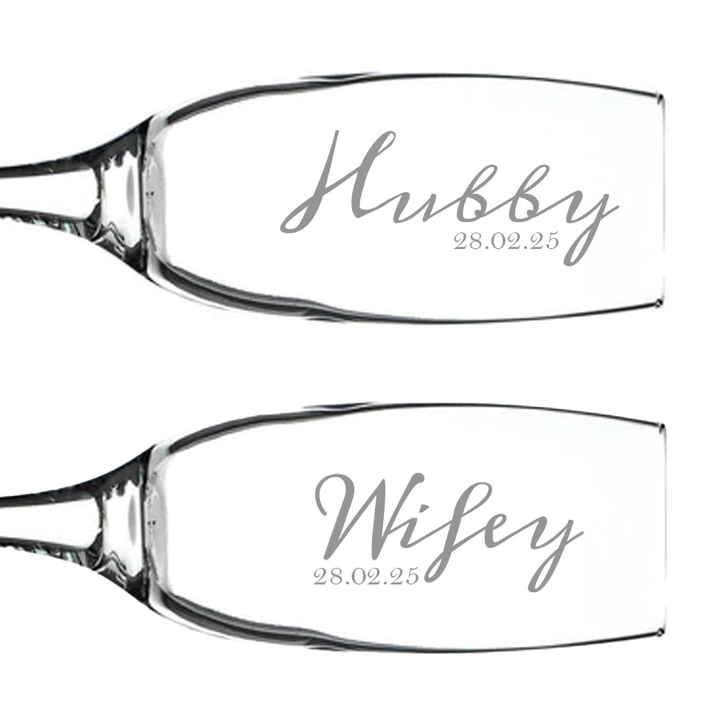 Hubby Wifey Design, Personalised Date Champagne Flutes Pair, Wedding Couple Champagne Flutes - YouPersonalise