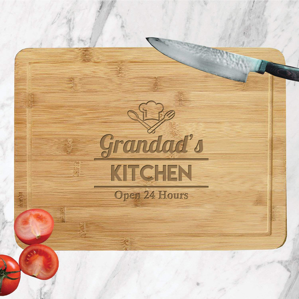 Laser Engraved Bamboo Chopping Board | Cheese Board | Cutting Board with a Chef Hat and The Wording Grandad's Kitchen Open 24 Hours - YouPersonalise