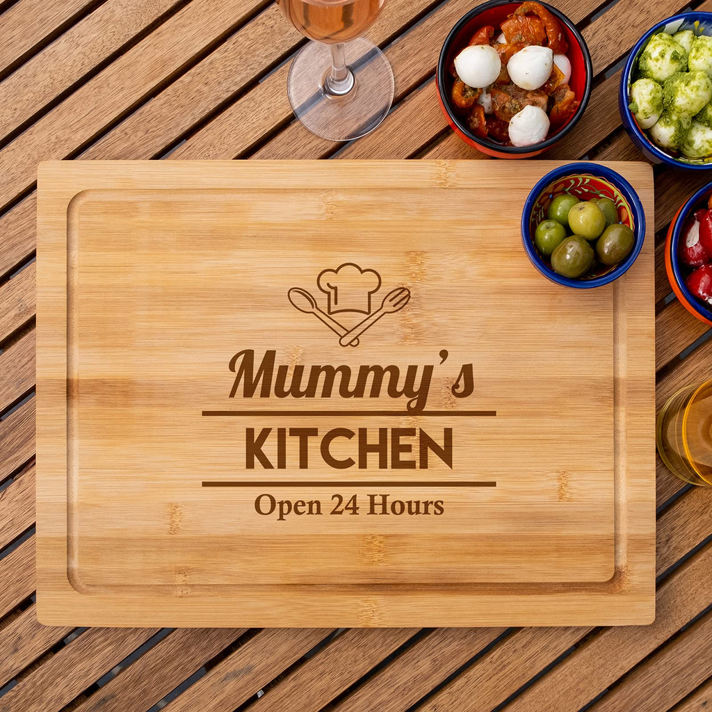 Laser Engraved Bamboo Chopping Board, Cheese Board, Cutting Board with a Chef Hat and The Wording Mum's Kitchen Open 24 Hours - YouPersonalise