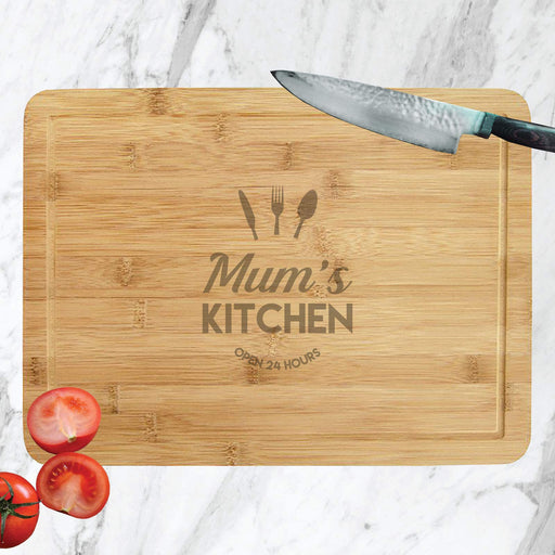 Laser Engraved Bamboo Chopping Board, Cheese Board, Cutting Board - with The Wording Mum's Kitchen Open 24 Hours - YouPersonalise