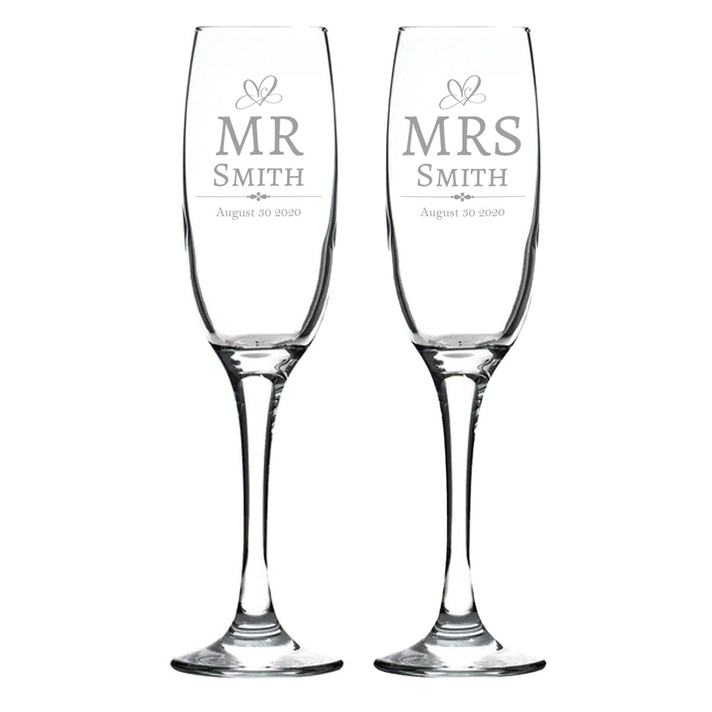 Mr & Mrs Vintage Design Personalised Couples Pair of Champagne Flutes in Gift Box - YouPersonalise