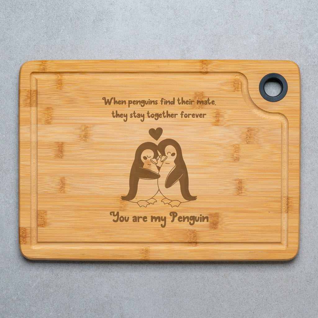 Romantic Penguin Couple Wooden Cutting Board, Laser Engraved Kitchen Board with Love Quote - YouPersonalise