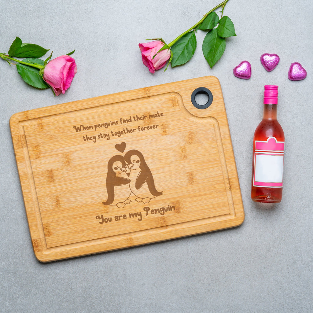 Romantic Penguin Couple Wooden Cutting Board, Laser Engraved Kitchen Board with Love Quote - YouPersonalise