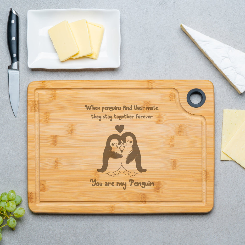 Romantic Penguin Couple Wooden Cutting Board, Laser Engraved Kitchen Board with Love Quote - YouPersonalise