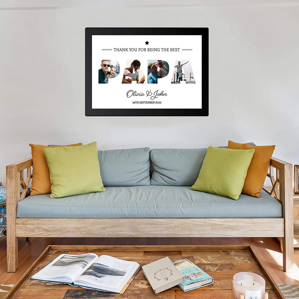 A3 Personalised PAPA Photo Frame in BLACK with Collage of pictures inside letters with a special message. Four Pictures inside PAPA - YouPersonalise